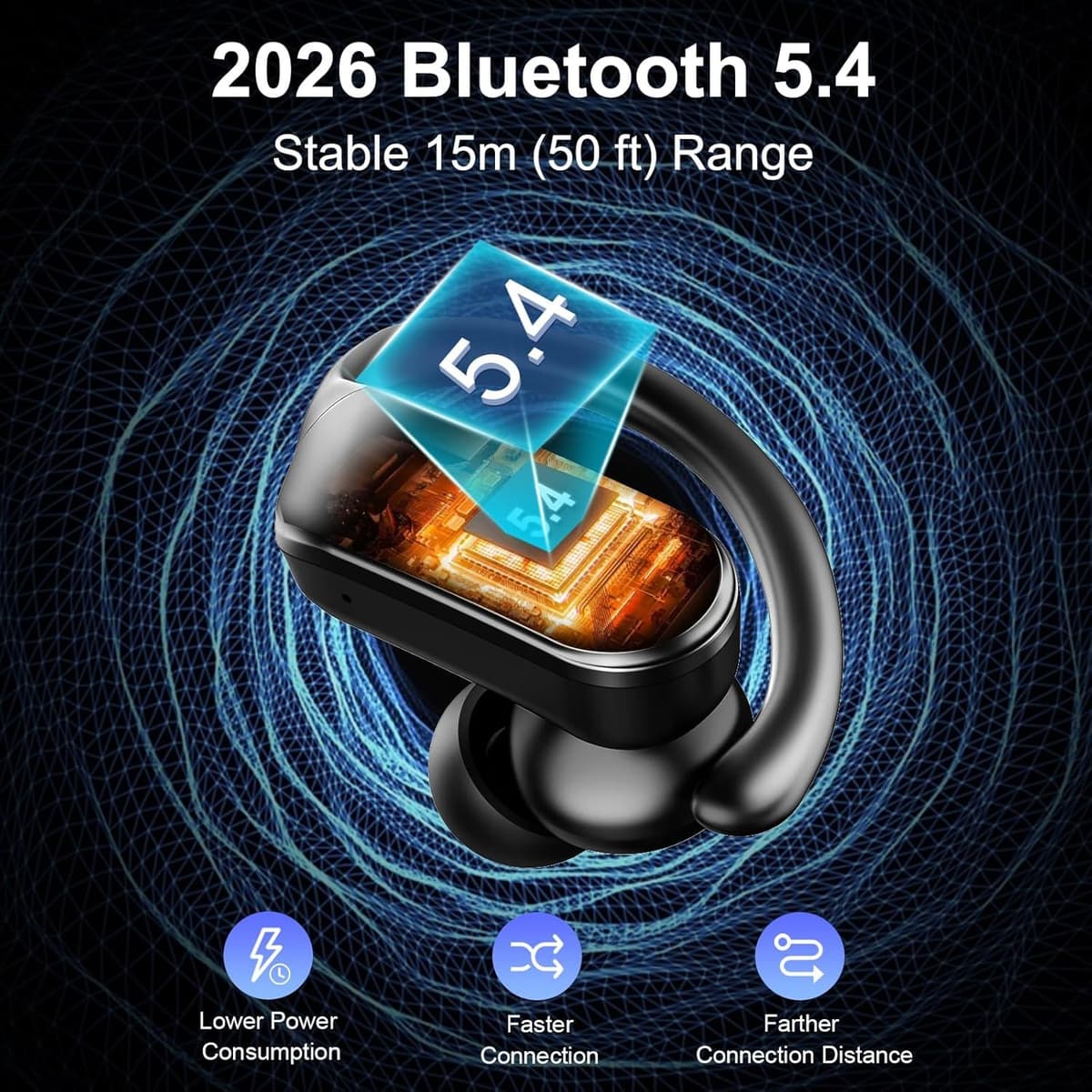 Wireless Earbuds Sports, 2026 Bluetooth 5.4 Headphones with 70H Deep Bass Over Ear Buds, IPX8 Waterproof ENC Noise Cancelling Earphones, Running Headphones with Earhooks, USB-C Headset for Workout/Gym — view 2