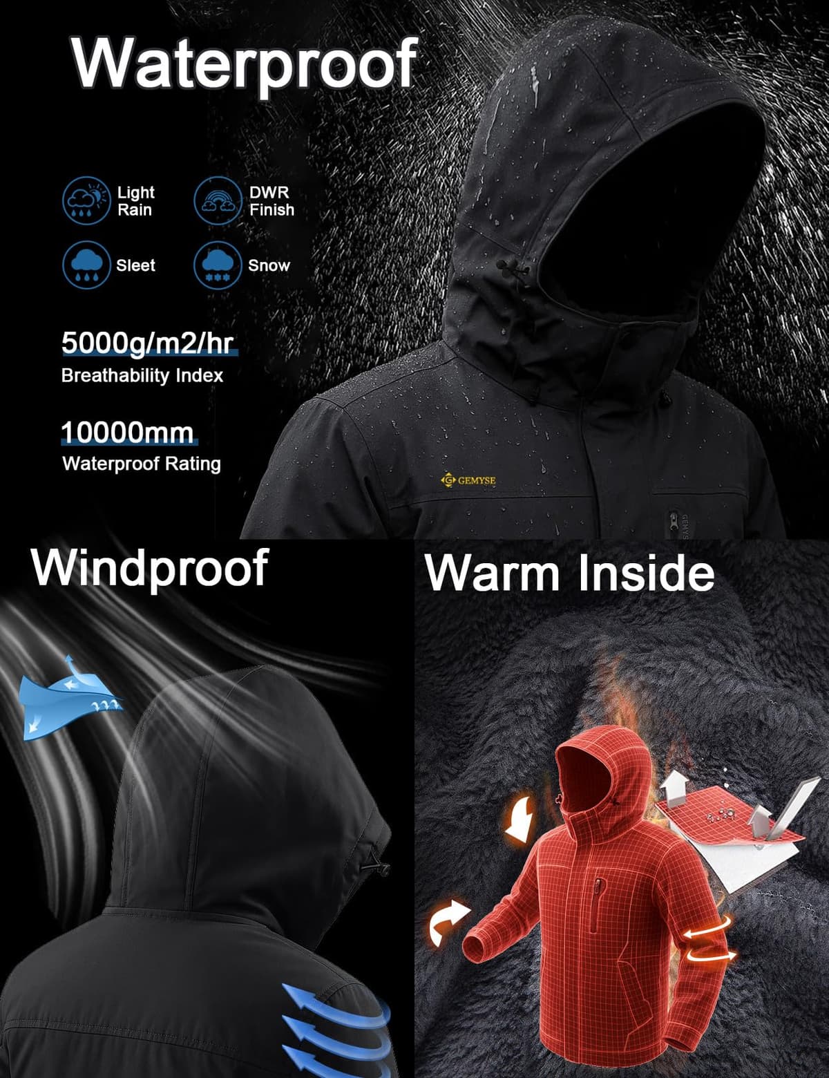 GEMYSE Chaqueta esquí hombre Chaqueta invierno cortaviento con capucha Chaqueta snowboard impermeable Chaqueta outdoor forrada Chaqueta funcional — view 4