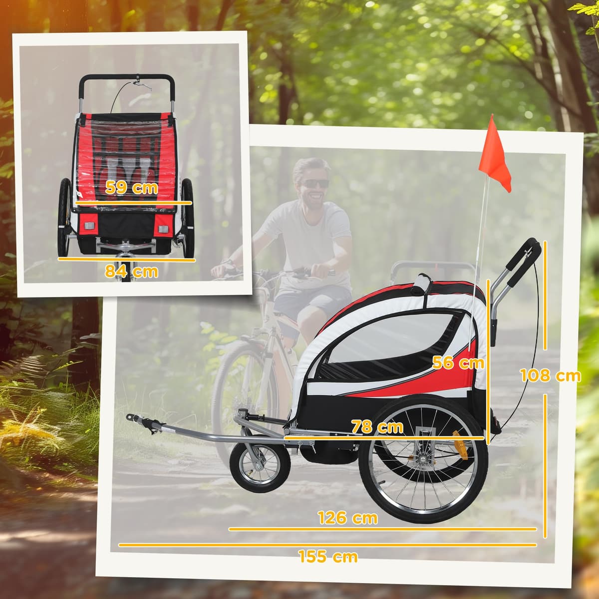 HOMCOM Child Bike Trailer, Baby Bicycle Trailer for 2 Kids with 5 Point Harness, Steel Frame, Reflectors, Safety Flag, Hitch Coupler, Red — view 7
