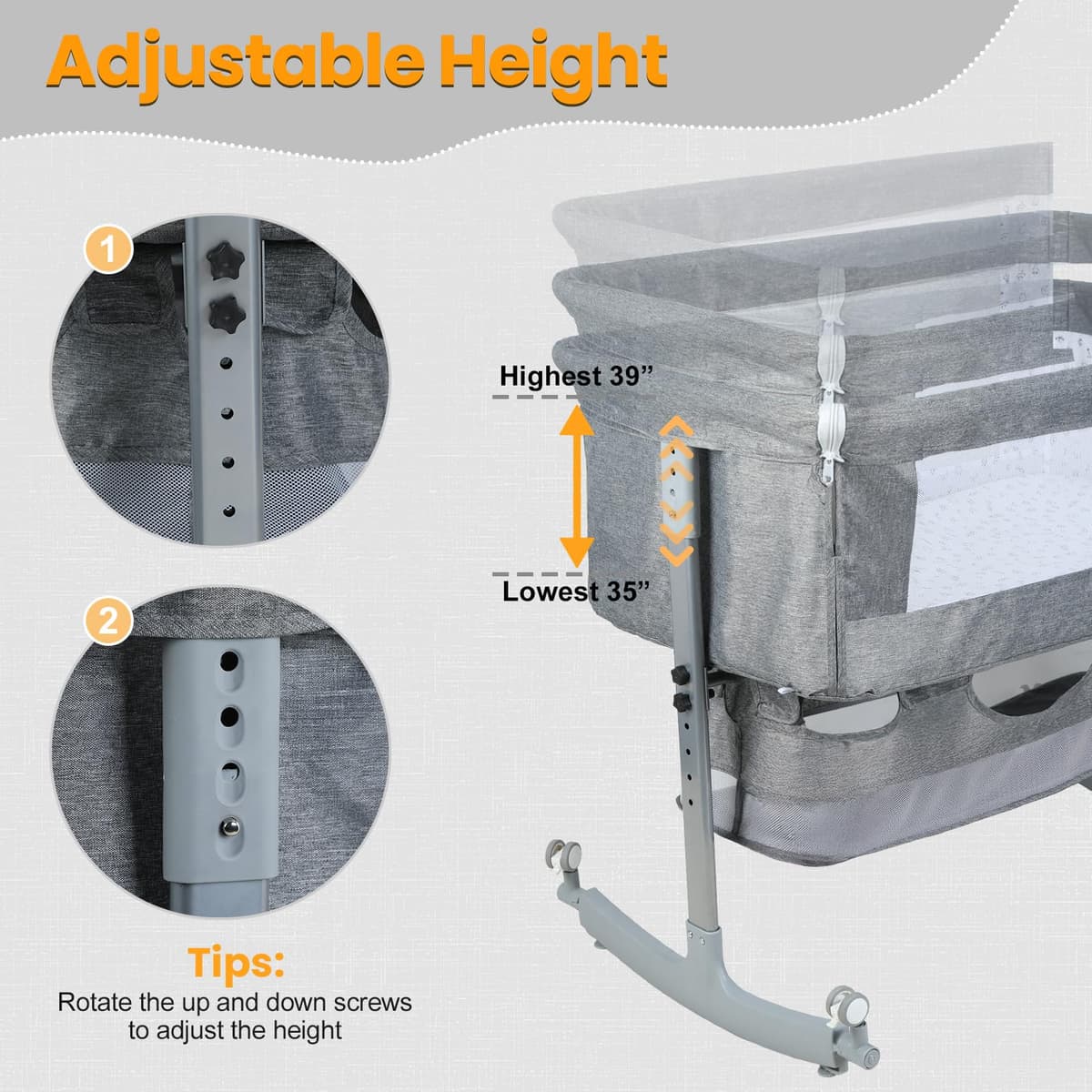 Baby Bedside Crib Baby Crib with with Wheels, Storage, Mosquito Net and Matress Included, Height Adjustable Baby Bassinet (Grey 3) — view 3