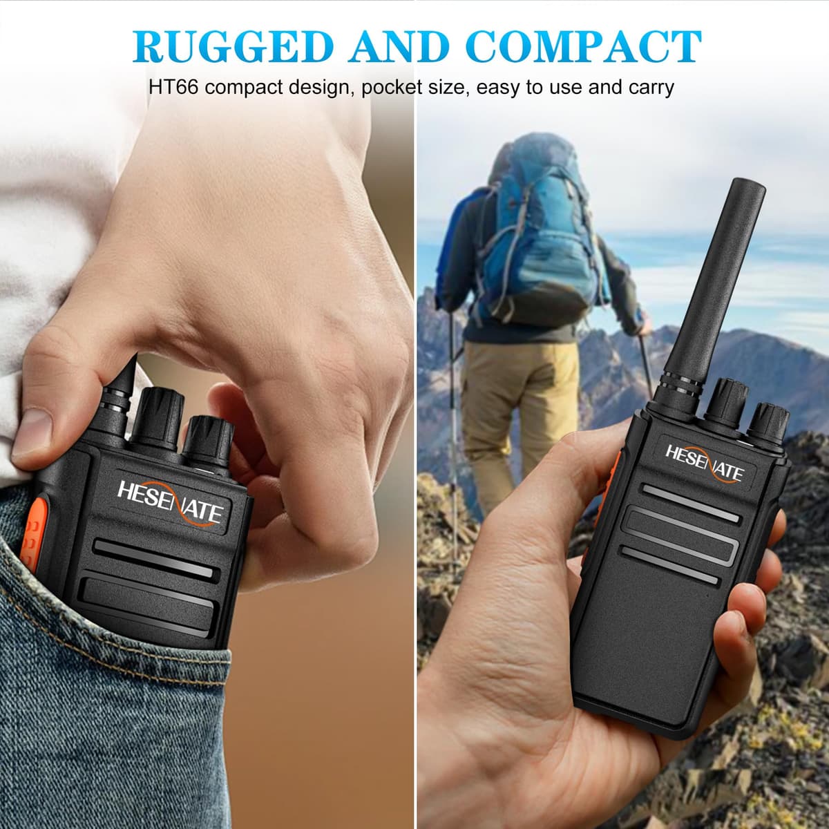 HESENATE Walkie Talkies for Adults, HT66 Long Range PMR446 Handheld 2 Way Radio with Rechargeable USB-C Charger, 16 Channels, 1200mAh Battery (4 Pack, Black) Ideal for Family, Camping, Hiking, Work — view 3