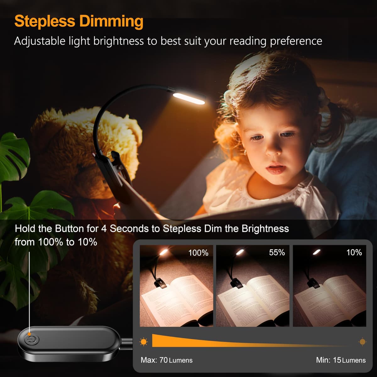 Gritin 16 LED Reading Light, Book Light 3 Eye-Protecting Modes Book Lamp (White/Amber/Mixed) - Stepless Dimming, Rechargeable, Long Battery Life, 4-Level Power Indicator, Flexible Clip on Book Light — view 3