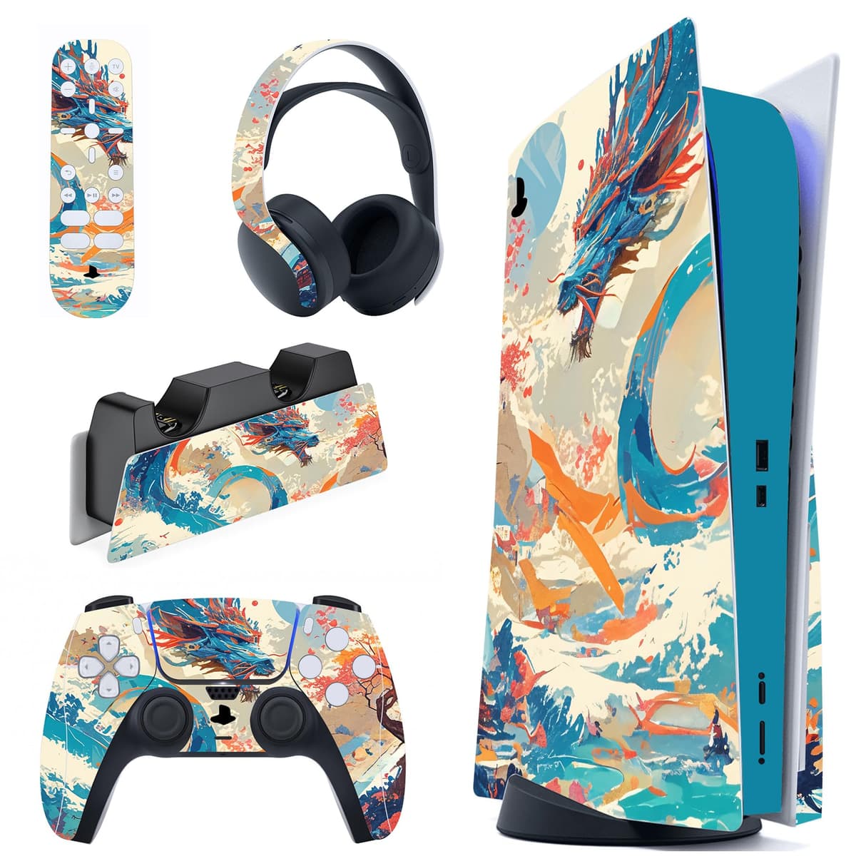 PlayVital Neon Dragoon Full Set Skin Decal for PS5 Console Disc Edition, Sticker Vinyl Decal Cover for PS5 Controller & Charging Station & Headset & Media Remote — view 28