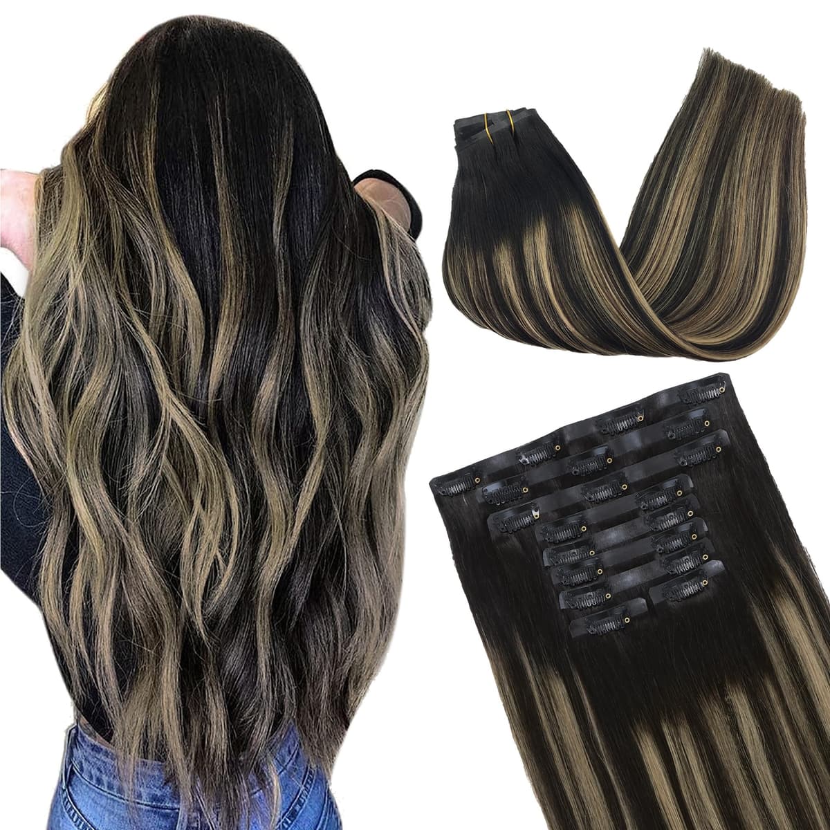GOO GOO Clip in Hair Extensions Human Hair, 18inch 150g 9Pcs, #2 Dark Brown, Hair extensions for women, Human Hair Extensions Clip in — view 195