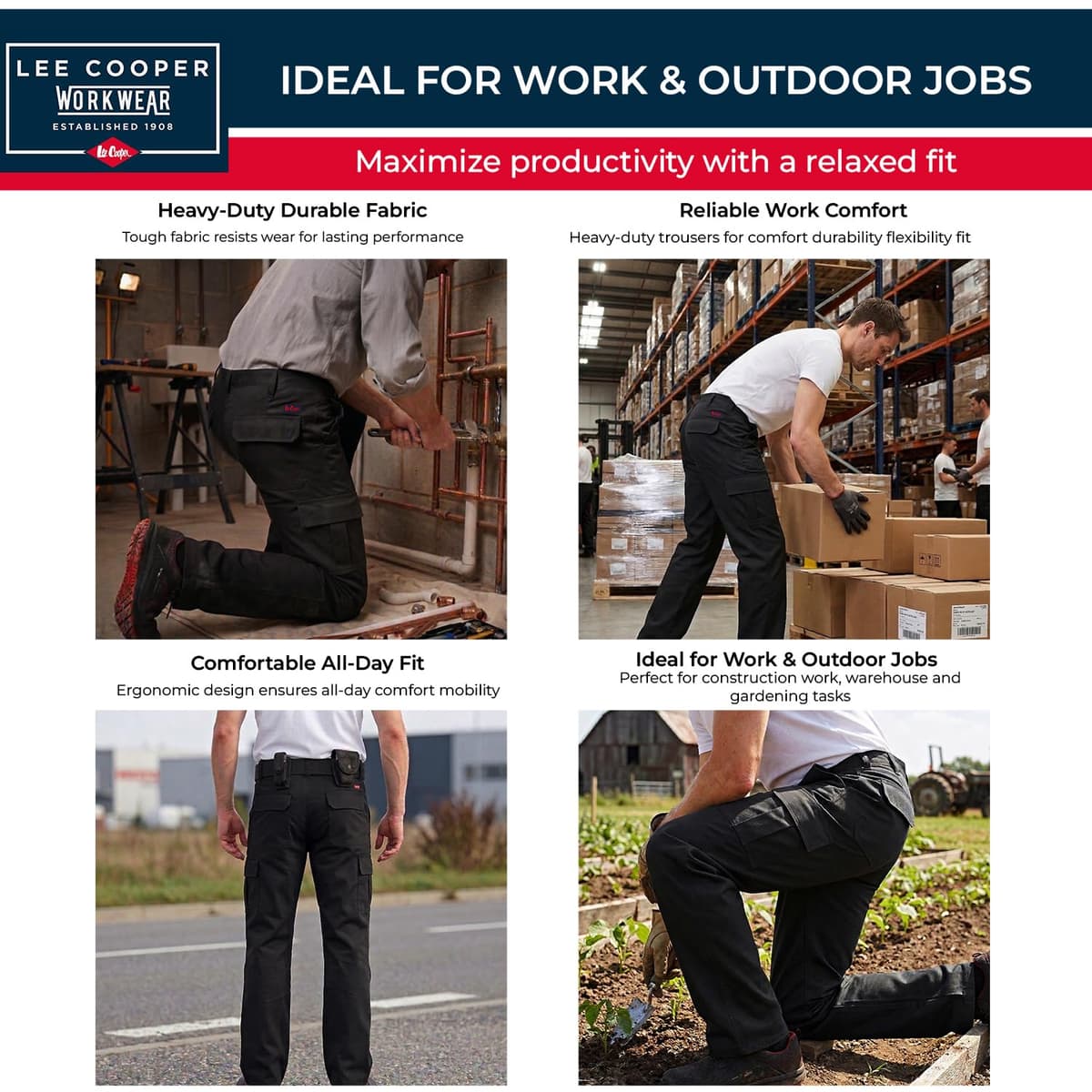 Lee Cooper Men's Cargo Trousers with Multi Pocket Easy Care Safety Workwear Pants Durable Heavy-Duty Work Trouser Regular Fit Button & Zip Closure Pant for Men Casual Wear (Black, 36W / 33L) — view 5