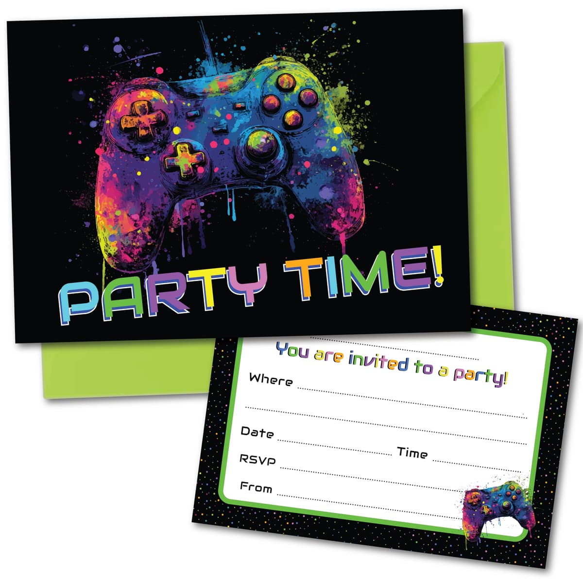 PartiKraft (Pack of 15) Bright Gamer Gaming Controller Birthday Party Invitations - Made in the UK (Invitations Only - No Envelopes) — view 5