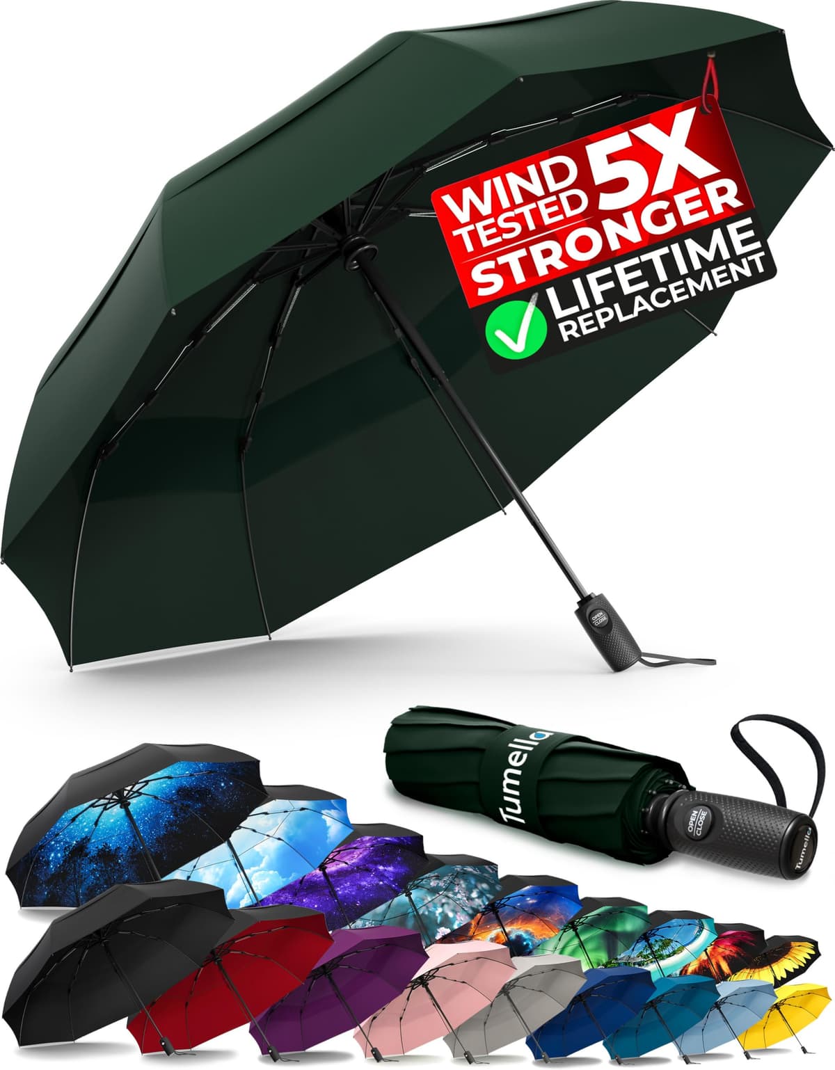 TUMELLA Strongest Windproof Travel Umbrella (Compact, Superior & Beautiful), Small Strong but Light Portable and Automatic Folding Rain Umbrella, Durable Premium Grip, Fits Car & Backpack Black — view 25