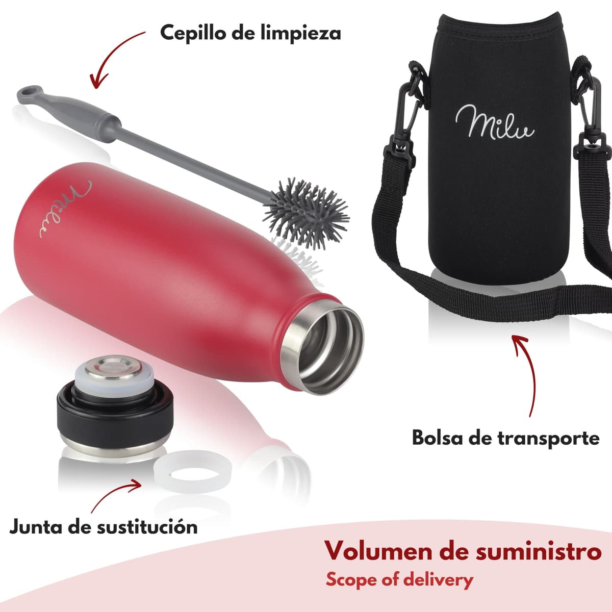 Milu Botella de acero inoxidable de 350ml 500ml 750 ml 1 L 1,5 L botella de agua aislada, termo a prueba de fugas, doble pared, apta para ácido carbónico + cepillo de limpieza (Azul Violeta, 350ml) — view 170