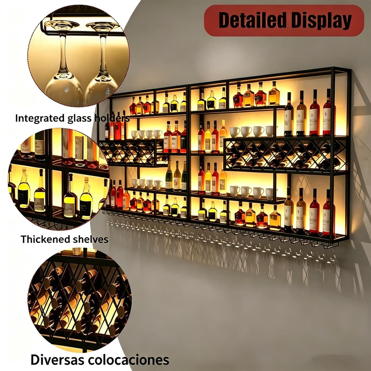 AUSKLEZU Estante de Pared para Vino con Rejilla y Luz LED | Botellero Industrial de Metal | 4Niveles con Soporte para Copas | Decorativo para Bar y Cocina (240CM) — view 3