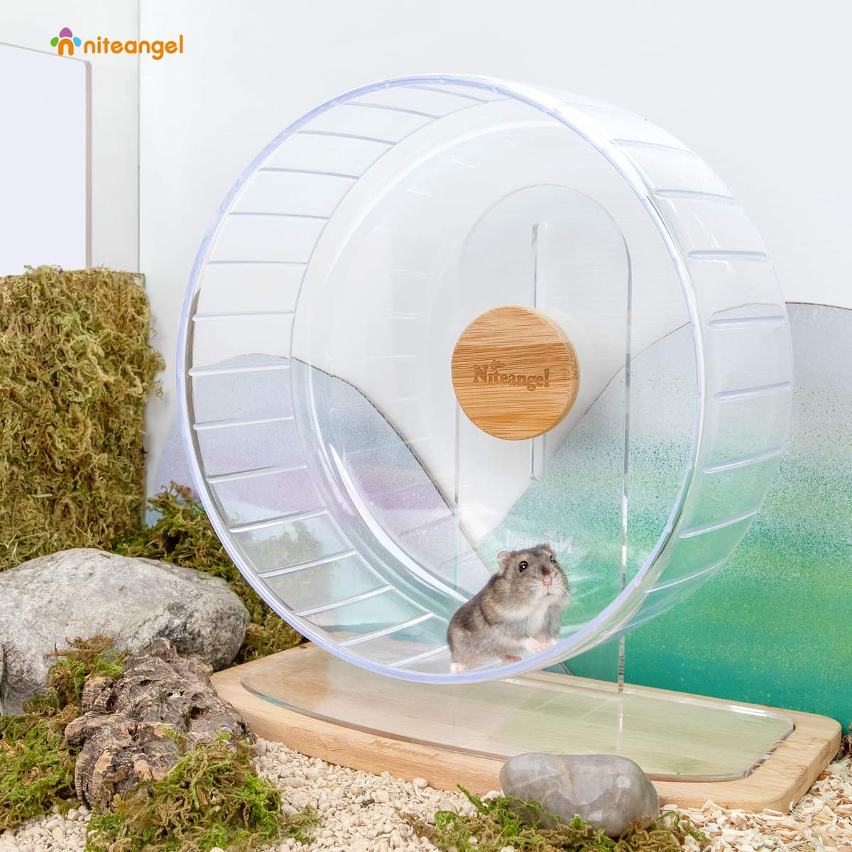 Niteangel Super Silent Hamster Exercise Wheels - Quiet Spinner Hamster Running Wheels with Adjustable Stand for Hedgehog Gerbils Mice Or Other Small Animals (Large, Transparent) — view 5