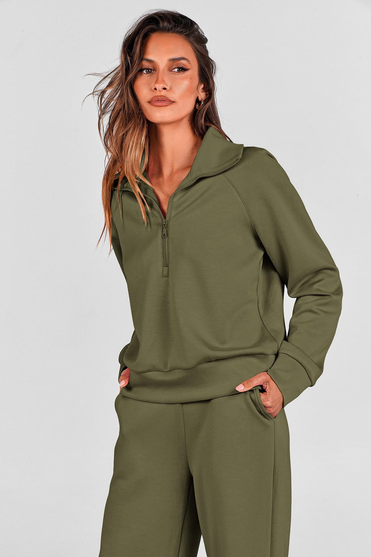 PRETTYGARDEN Women's 2 Piece Outfits Casual Lapel Half Zip Sweatshirts and Wide Leg Pants Tracksuit Sets — view 3