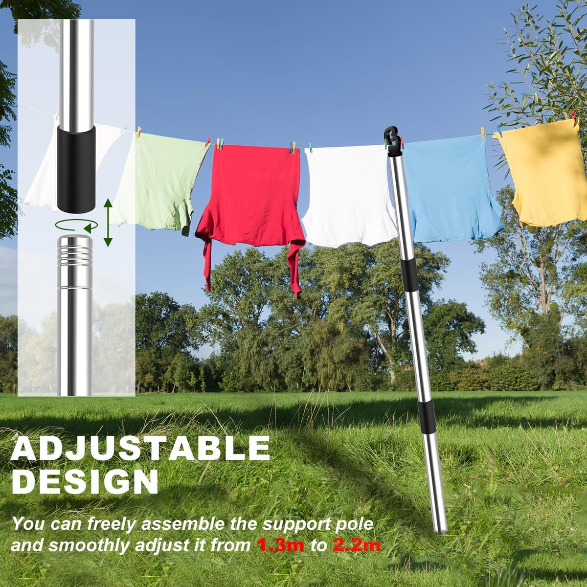 2.24 M Washing Line Pole Telescopic, Heavy Duty Stainless Steel Washing Line Prop, Clothes Props for Washing Line Outside, Home Garden Clothes Line Prop Laundry Support — view 5