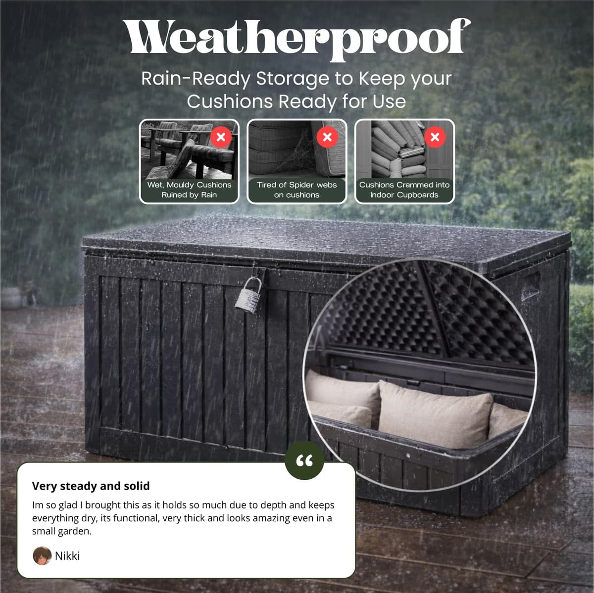 Olsen & Smith Lockable Outdoor Garden Plastic Storage Box Container Chest - Small Lawn Balcony Furniture, Weather Resistant, Wood Panel Effect (270L) — view 4