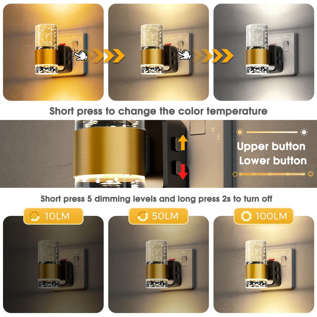 LOHAS-LED Night Light, Dusk to Dawn Sensor Night Light Plug in, Amber/3000k/5000K Adjustable Color Temperature, 3 Brightness Levels, Acrylic Modern Nightlight for Hallway, Stair, Bedroom,1 Pack — view 4