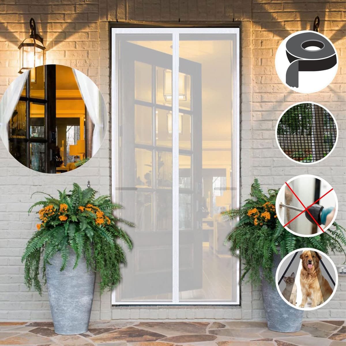 Risareyi Mosquitera Puerta Magnética 150x210cm en Fibra de Vidrio, Blanco - Cortina Mosquitera Puerta Exterior con Imanes, Transpirables, Antimosquitos, para Balcon Patio Corredera — view 2