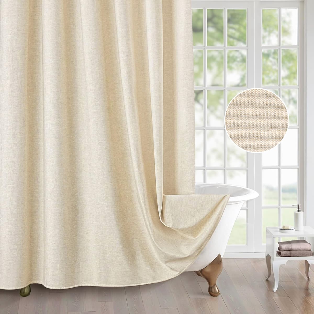 Cortina de Ducha para Baño con Ganchos de Metal Cortina de Ducha de Tela de Lino Cortina de Baño Resistente para Bañera Ducha, Impermeable - 182 x 182cm (Beige) — view 5