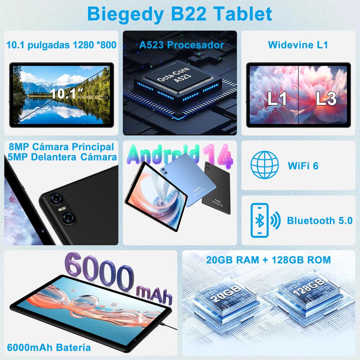 Tablet 10 Pulgadas Android, 20GB RAM + 128GB ROM (TF 1TB), Octa-Core, Widevine L1,GMS/Dual Band WiFi 6/5 MP + 8 MP / 1280 * 800 Pixels/Bluetooth 5.0, Tablet con Funda Negro — view 2