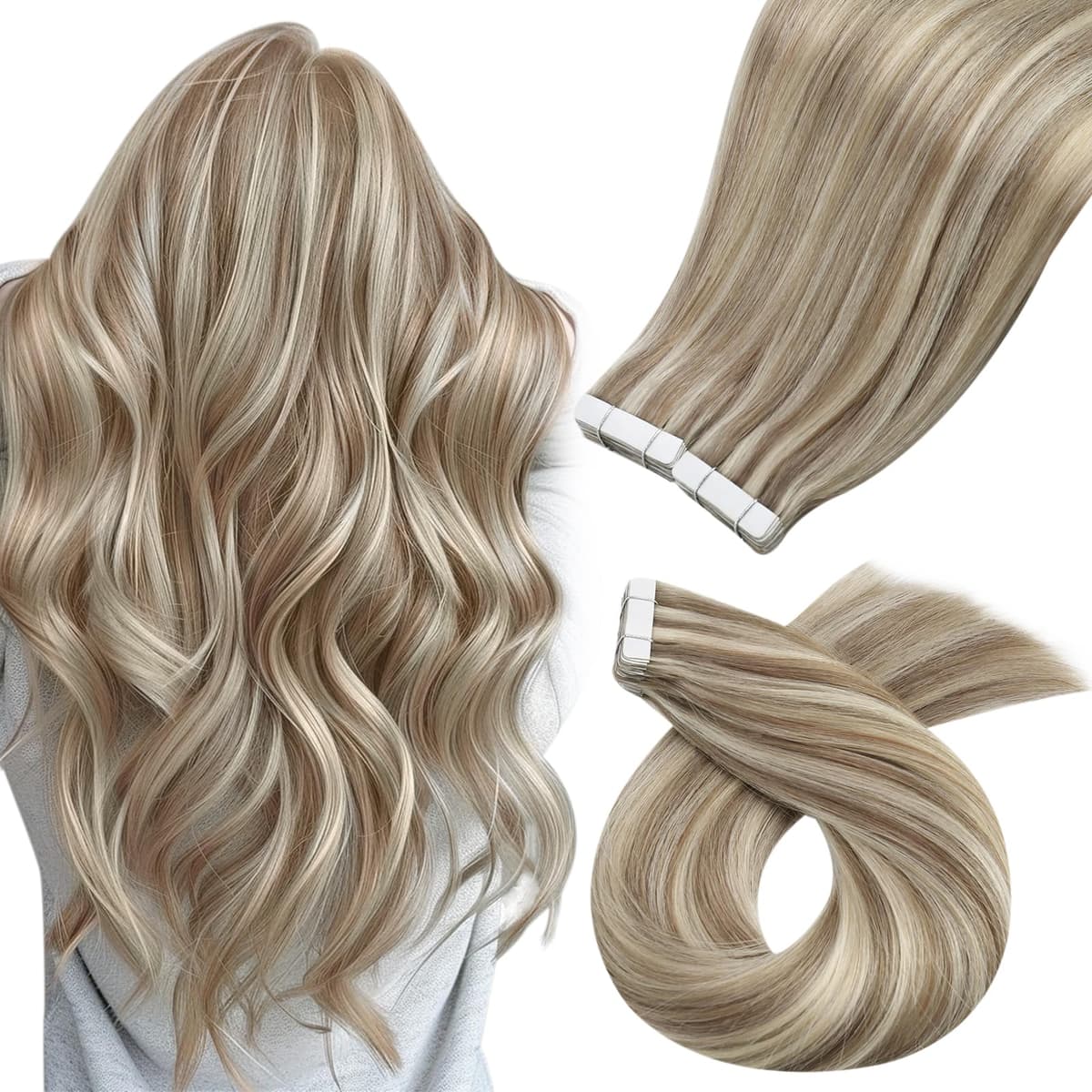 Moresoo Tape in Human Hair Extensions 20 Inch Highlight 50g/20pcs Tape in Hair Extensions Human Hair Ash Blonde with Platinum Blonde #P18/613 — view 70