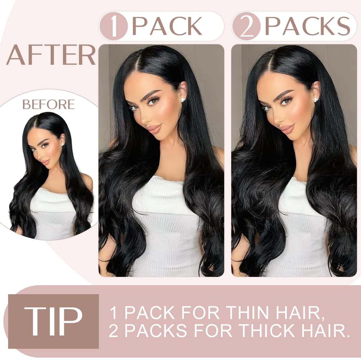 20"(50cm) SEGO Extensiones de Clip de Pelo Natural Una Pieza GRUESA con 5 Clips [#1 Negro Intenso] Remy Cabello Humano Liso (95g) — view 2