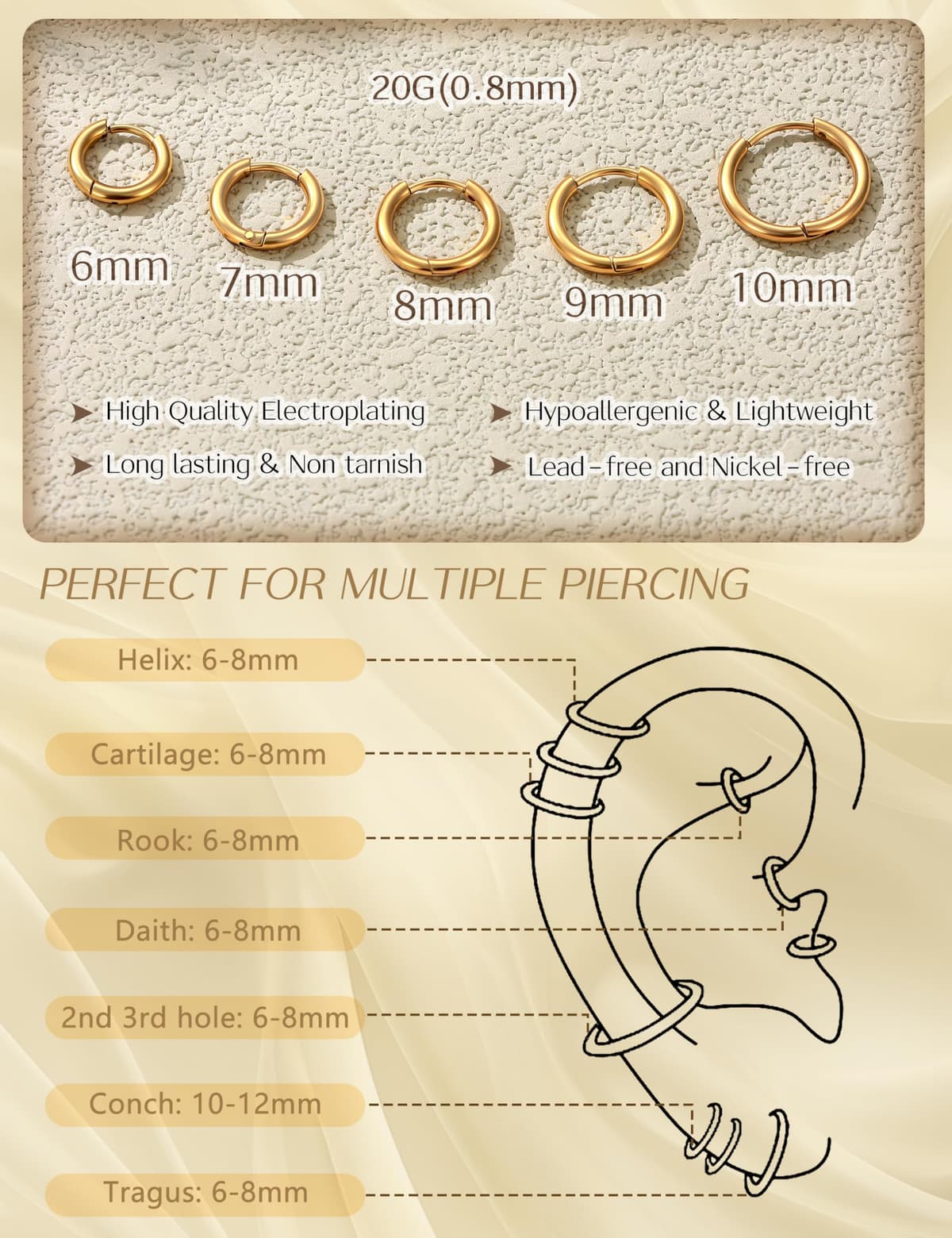 MILACOLATO Pendientes Aro Pequeños Para Mujer Hombre Acero Quirúrgico Pendientes Huggie Cartílago De Lóbulos Ajustados Anillo De Nariz Labio Daith Helix Piercing Joyas Hinged Pendientes 6/7/8/9/10mm — view 2