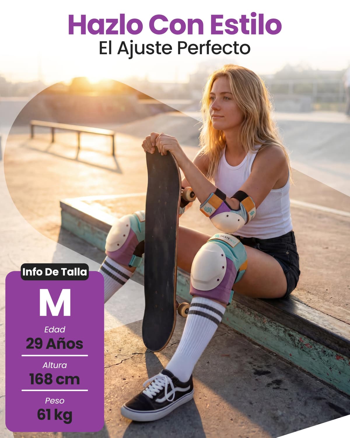 SKATEWIZ Protecciones Patines Adulto, Rodilleras Skate - Protecciones Patines de Hielo - Kit Protección Skate - Rodilleras y Coderas Adulto - Shield Talla M Lavanda — view 5