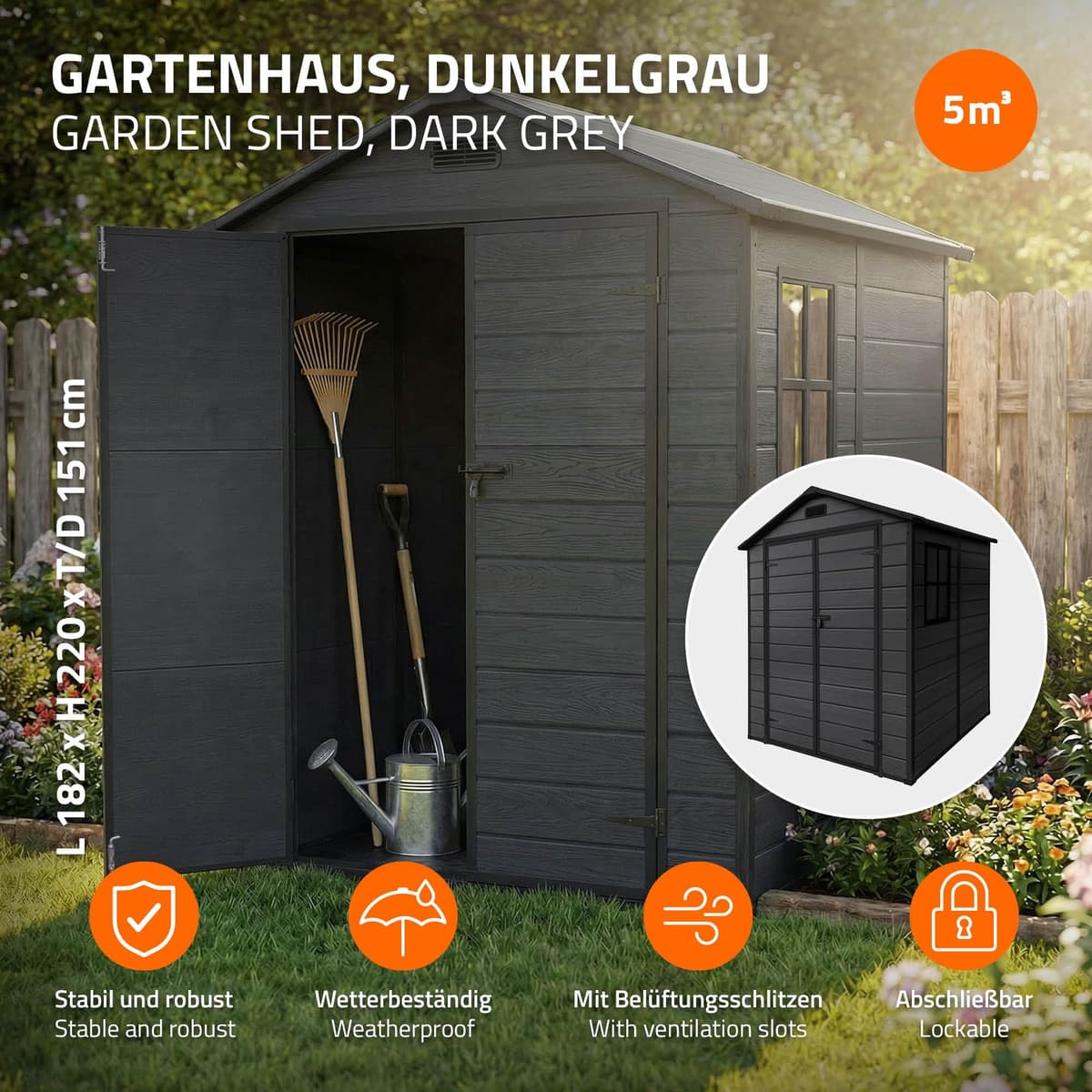 ECD Germany Caseta de Jardín con Suelo, 5m³ 151x182x220 cm, Gris Oscuro, Cobertizo Exterior de Plástico para Almacenamiento de Herramientas, con Tejado en Dos Aguas, Puerta y Ventana de Ventilación — view 2
