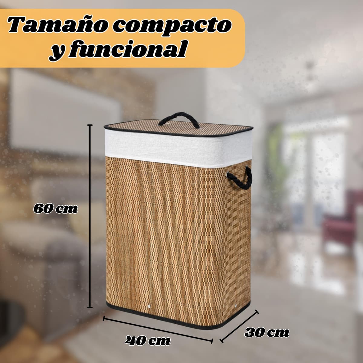 Weida Cesto de la Ropa Sucia de Bambú | Con Tapa y Asas Plegable | Bolsa Extraíble y Lavable | Diseño Natural | Para baño o Dormitorio | Color Marrón Oscuro Bambú (60cm-40cm-30cm Rectangular) — view 3