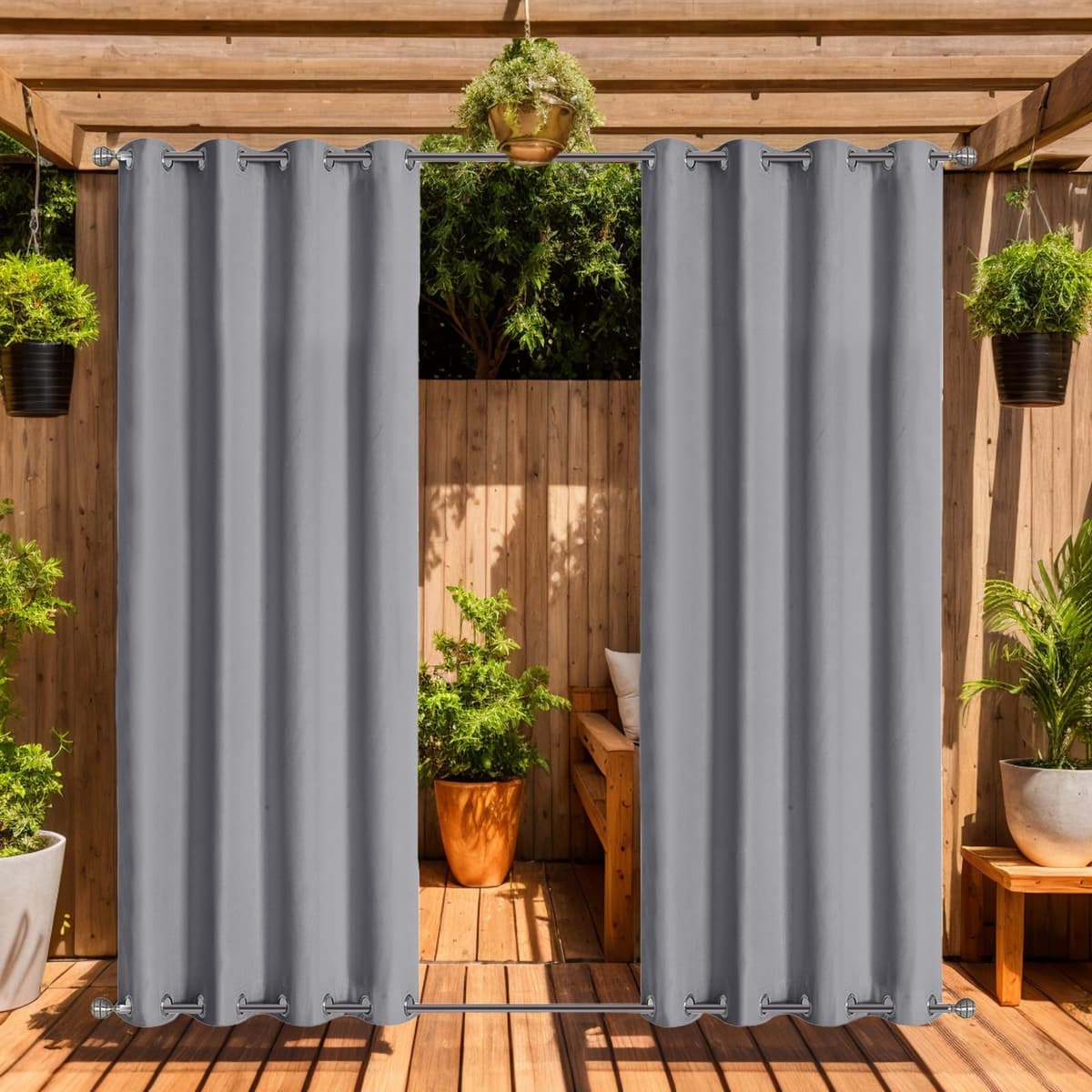 LiveGo Outdoor Curtains Waterproof with Grommet (Top and Bottom), 2 Panels Privacy & UV Protection Windproof Curtain for Porch, Pergola, Garden, Backyard (Light gray, 140 * 275cm)