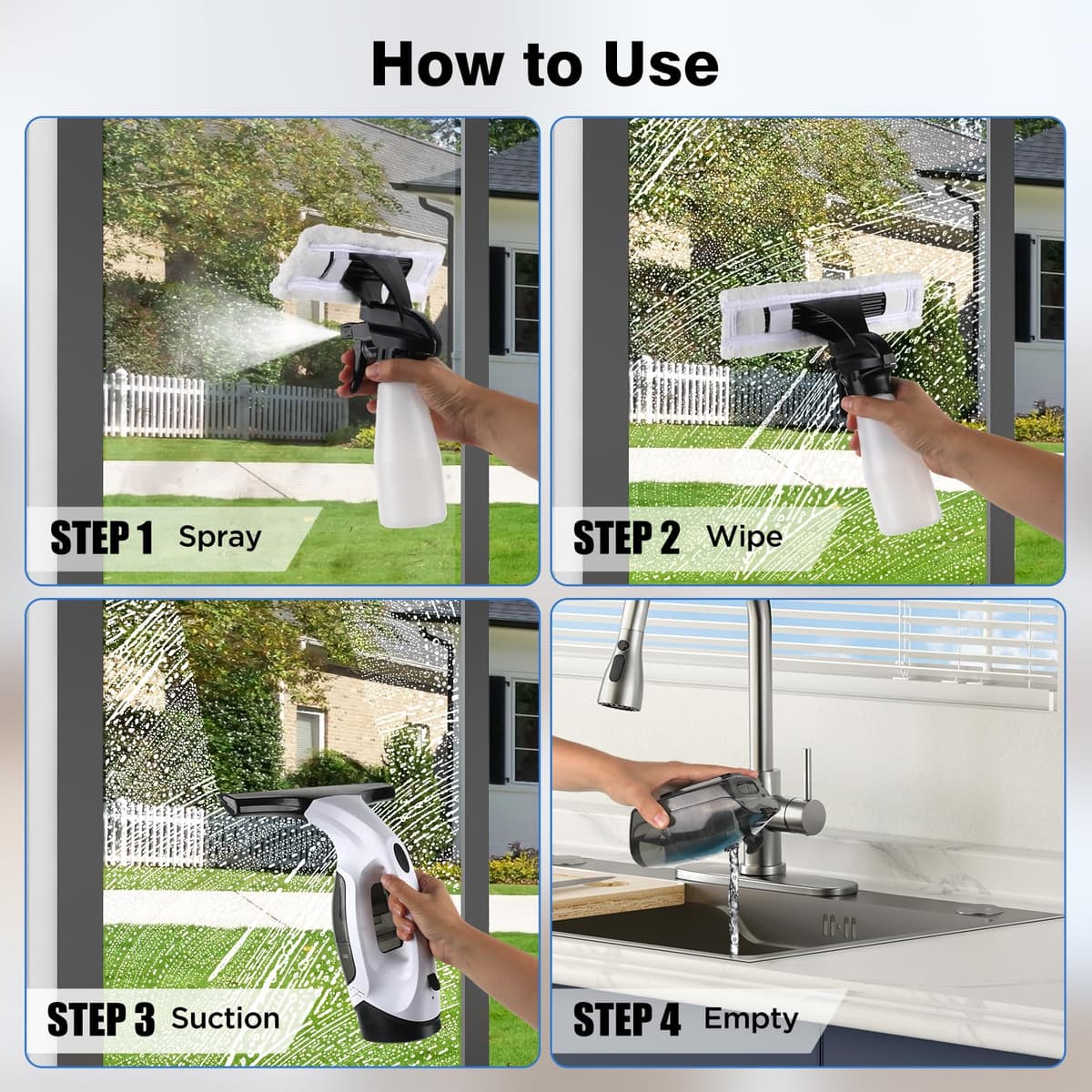 Window Vacuum Squeegee Cordless, 2000Pa Electric Window Cleaner Tool with 2200mAh & 150ml Water Collection Tank, Cleaning Kit Shower Squeegee for Glass Doors, Tiles, Mirrors, Car (White) — view 7