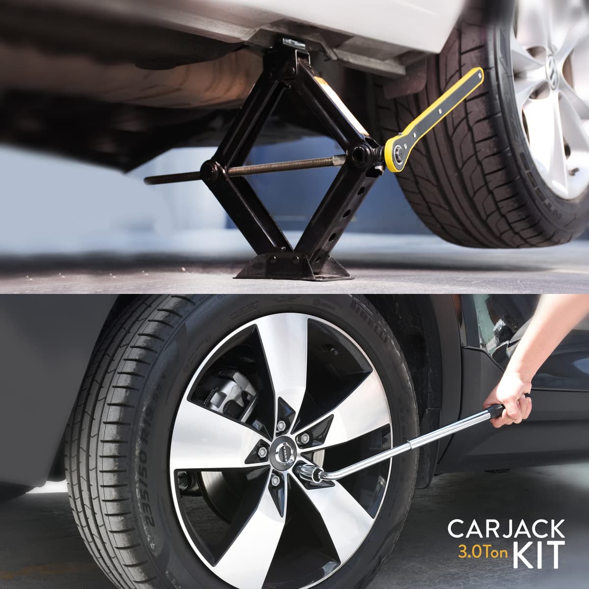Car Jack Kit | Scissor Jack for Car 3 Ton (6,600 lbs) - Tire Jack Tool Kit | Portable, Ideal for SUV and Auto - Universal Emergency Kit with Lug Wrench | Heavy Duty Material — view 2