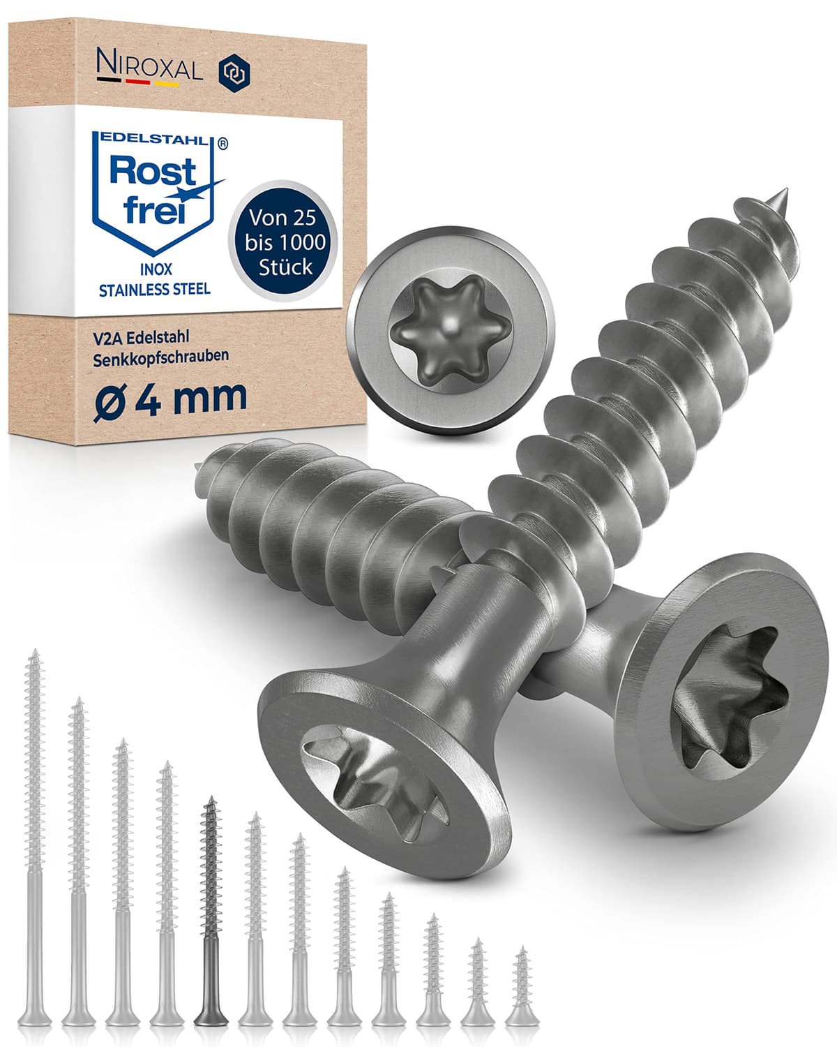 Tornillo de cabeza avellanada TORX de acero inoxidable fabricado en V2A 4-mm de espesor 50-mm de longitud del tornillo 100 piezas Rosca parcial de 30-mm Tornillo para madera 4x50 A2