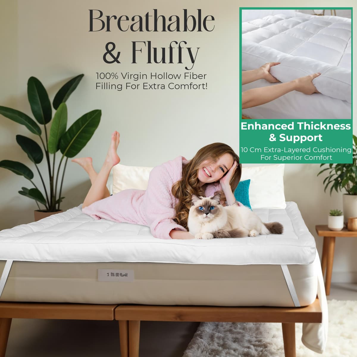 MightySoft Mattress Topper Double Bed 10cm, Extra Deep Quilted Microfiber Topper for Cloudlike Comfort with Extra Warmth & Breathable Support, Fluffy Design with Secure Elastic Straps for Better Sleep — view 5
