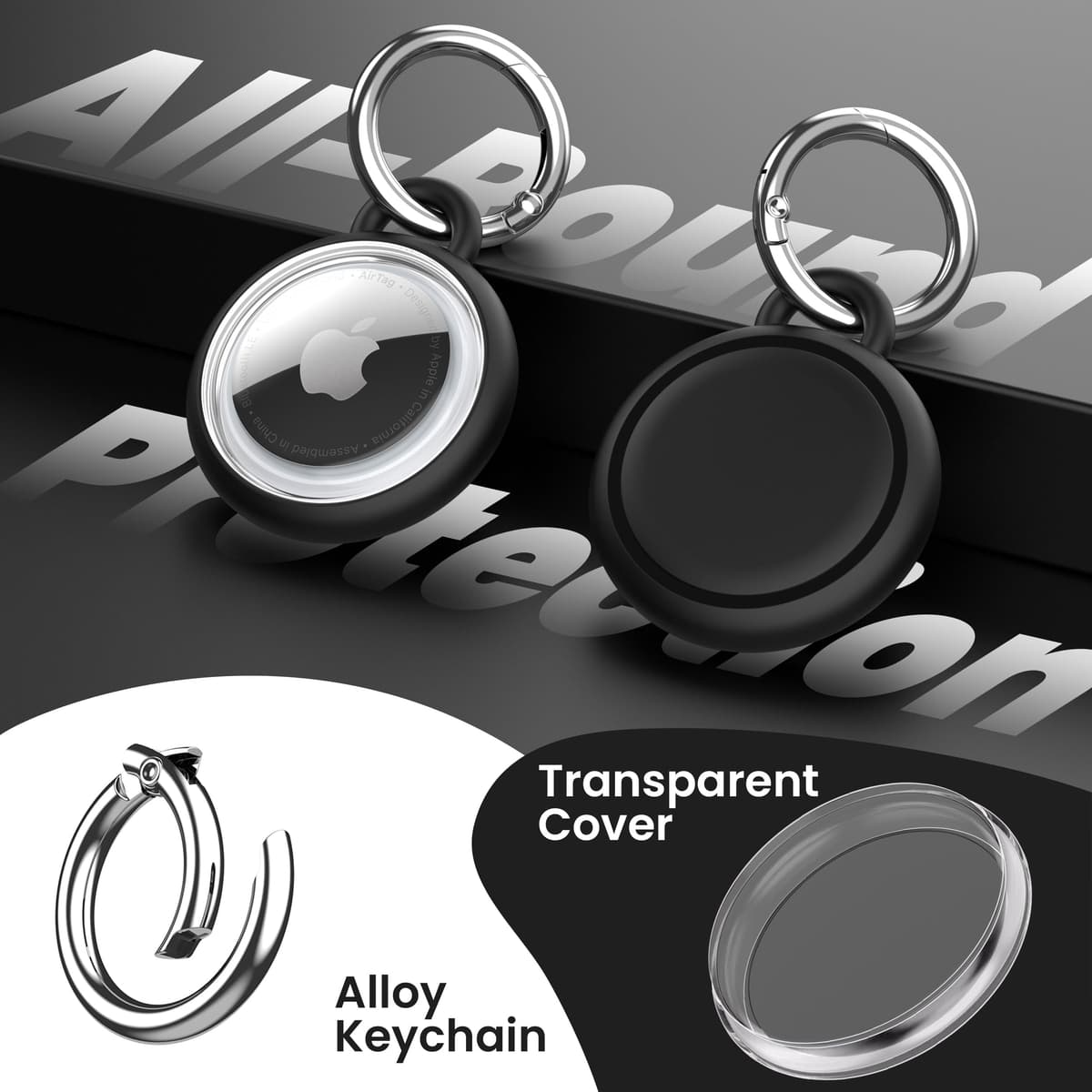 AirTag Holder Waterproof Silicone Case with Keyring, 2026 Upgraded Protective AirTags TPU Case Tracker Cover for Keys, Bags, Luggage, Pet Collars,Scratch-Resistant for Apple Air Tags (Black) — view 5