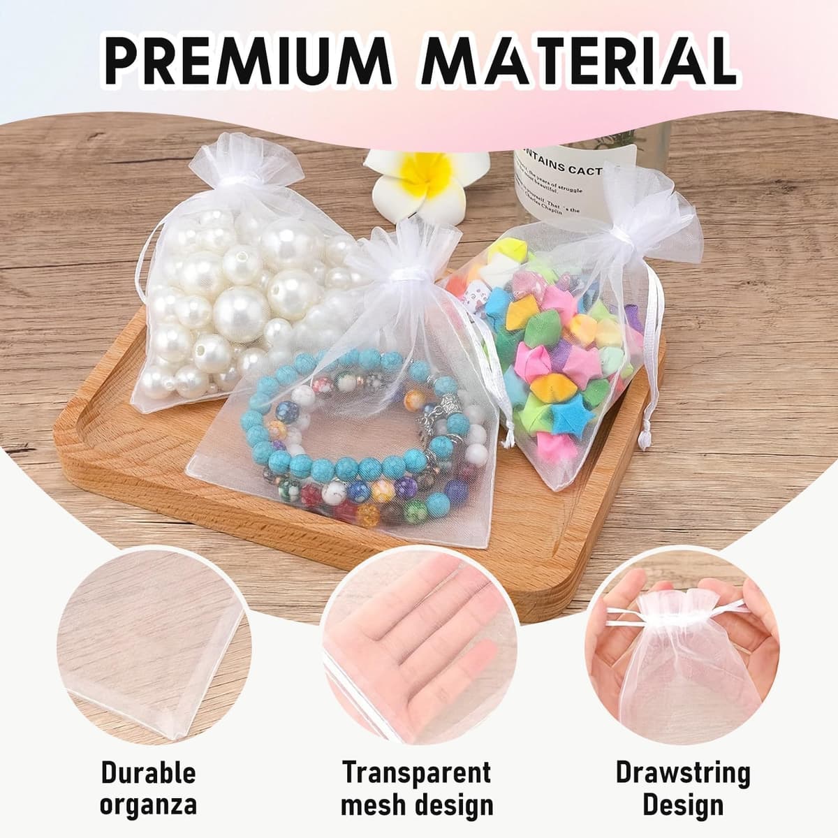 Quelcc 100 Piezas Bolsas de Organza, 7x9cm Bolsas Organza, Bolsitas de Tela Pequeñas Blancas para Bolsas Regalo con Cordón, Bolsita de Tul, Joyas, para Boda Favores Joyas y Dulces — view 3