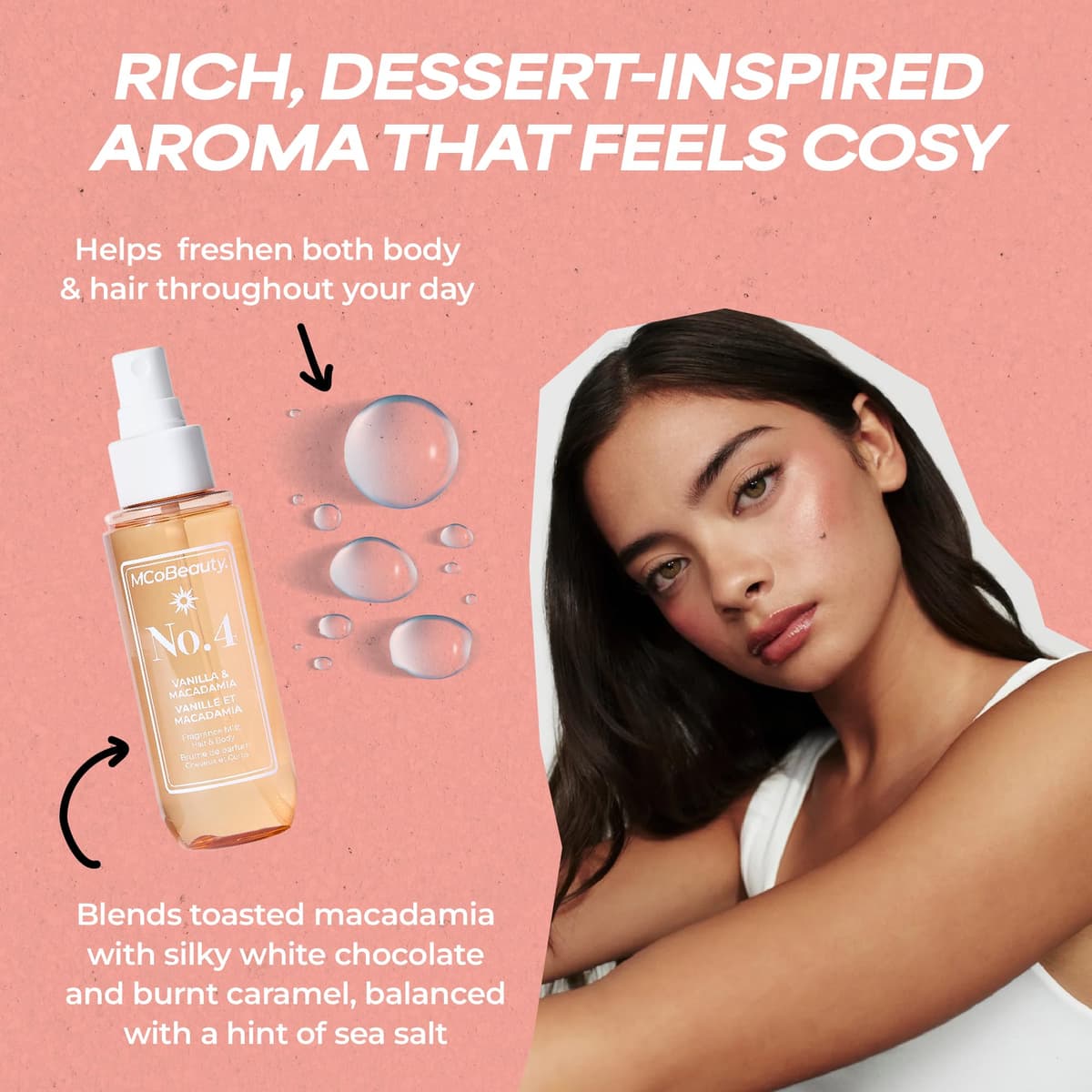 MCoBeauty - Fragrance Mist No.4 - Light Body and Hair Spray - Vanilla and Macadamia - Sweet Scent Perfume Body Mist, Fragrance for Women - 90ml Bottle — view 3
