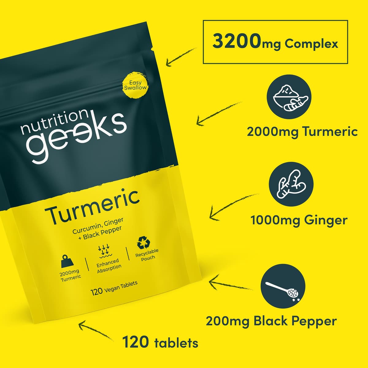 Turmeric Tablets 2000mg with Black Pepper & Ginger - 120 High Strength Curcumin Supplements - Easy Swallow Tablets (Not Turmeric Capsules or Powder) - Vegan - UK Made — view 4