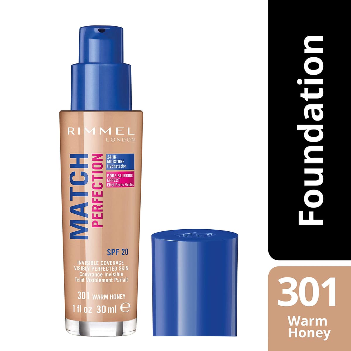 Rimmel Match Perfection Foundation 301 Warm Honey, Medium Coverage, 24hr Hydration, No Caking or Creasing, Lightweight, Reduces Imperfections, Invisible Coverage, SPF20, Cruelty Free — view 3