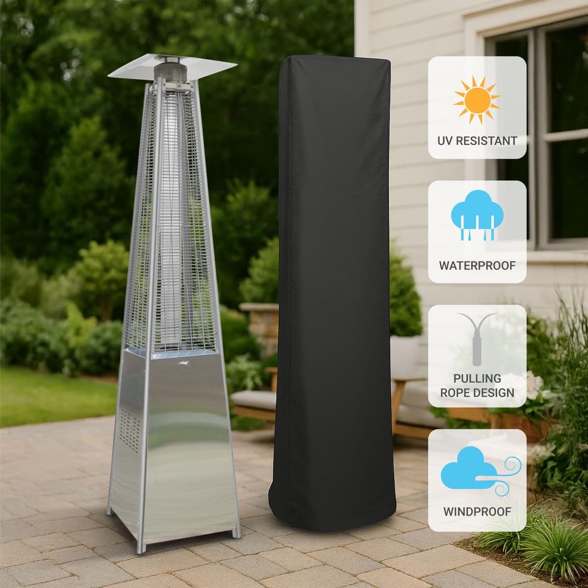 BU-KO Outdoor Patio Gas Heater | Garden, Camp, BBQ Parties | Stainless Steel Pyramid Style 13kw Propane Burner | Portable Wheels, Regulator & Hose | LPG Warm Heating Fire & Water Proof Cover Included — view 5