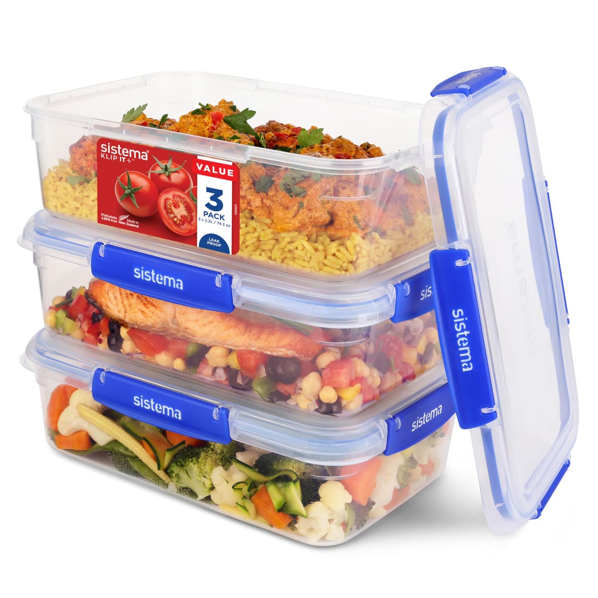 Sistema KLIP IT PLUS Leakproof Food Storage Containers | 2.2 L | AirtightStackable & Nestable Meal Prep Containers with Lids | School Lunch Boxes | 3 Count
