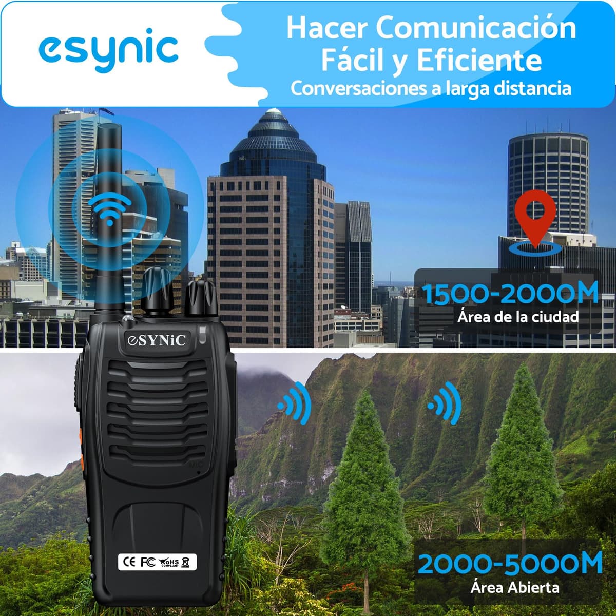 eSynic 4PCS Walkie Talkies de Larga Distancia con Auriculares Walkie-Talkie Profesional 16 Canales 1500mAh con Cargador USB Soporta VOX para Sobrevivir en el Campo Ciclisimo — view 2