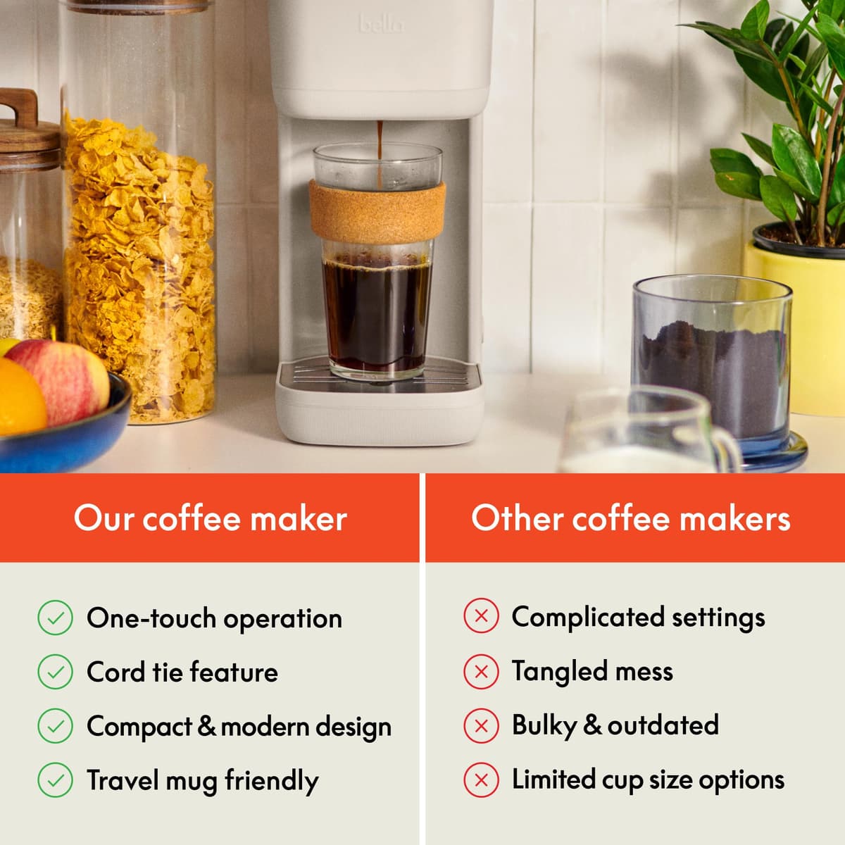 BELLA Single Serve Coffee Maker, K Cup & Coffee Ground Compatible with Removable, Adjustable Drip Tray, Auto Shutoff & Reusable Dishwasher Safe Accessories, Brews 6oz to 14oz, 1000 Watt, Oatmilk — view 4