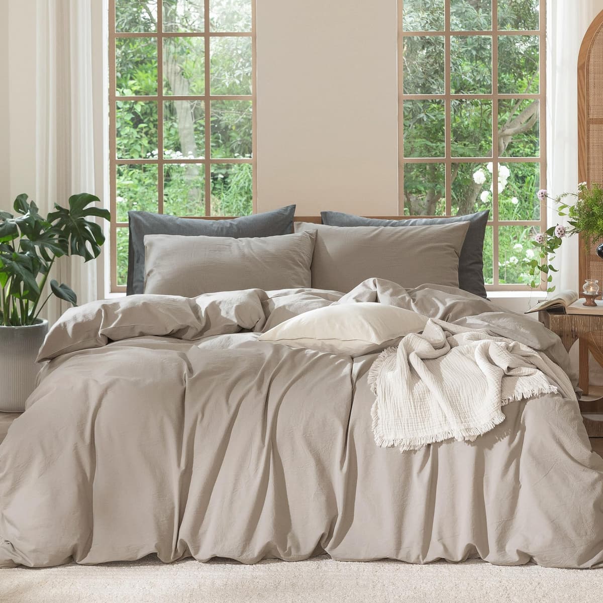 MooMee Bedding Duvet Cover Set 100% Washed Cotton Linen Like Textured Breathable Durable Soft Comfy (Tannish Linen Grey, King) — view 91