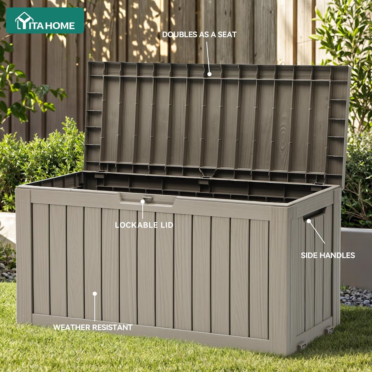 YITAHOME Outdoor Storage Box with Wheels, 270L Plastic Deck Box, Waterproof Garden Chest for Cushions, Tools & Pool Supplies, Lockable, Faux Woodgrain, 114.7 x 46.5 x 57.6 cm, Light brown — view 5