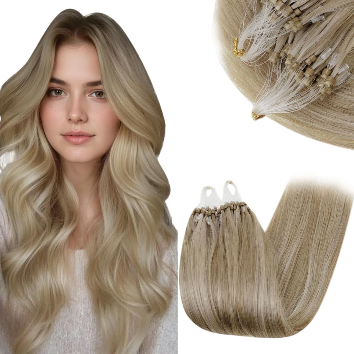 RUNATURE 18 Inch Nano Beads Hair Extensions Real Human Hair Ice Blonde Nano Hair Extensions Real Human Hair White Blonde Invisible Nano Rings Straight Remy Hair 50g 50s #800 — view 42