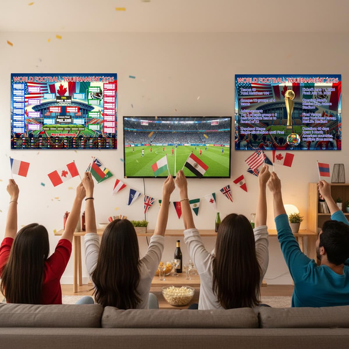 2PCS World Cup Football 2026 Interactive Foldable Poster 2026 World Cup Ball Competition Schedule Includes 8 Double Sided Adhesive Rings And A Flag-Themed Ballpoint Pen Fan Gifts Bar Display 87x58cm — view 5
