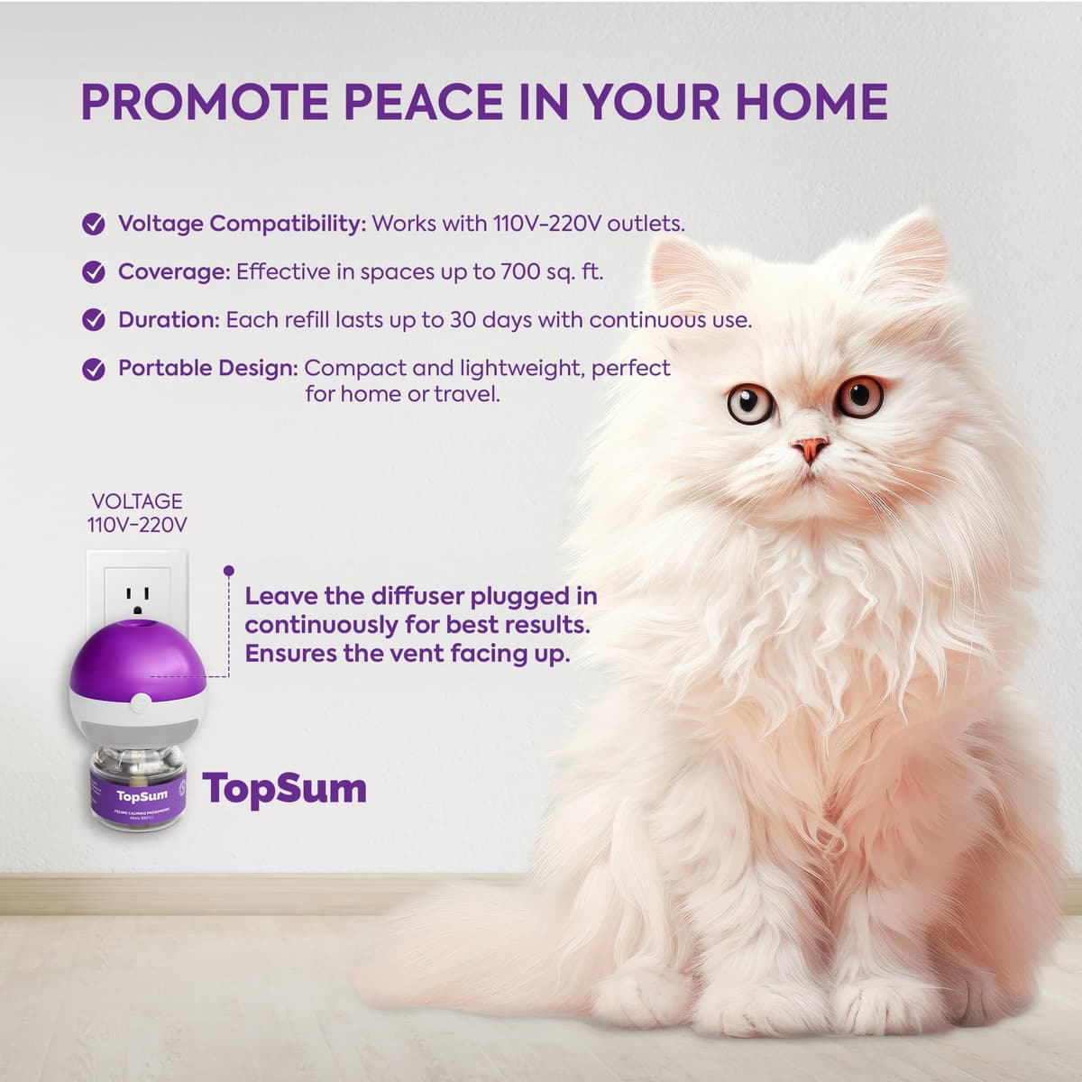 TopSum Cat Calming Pheromone Diffuser: Feline Pheromones Plug in for Stress, Along At Home, Spraying, Fighting, Scratching, Aggression & Excessive Meowing (Purple) — view 5