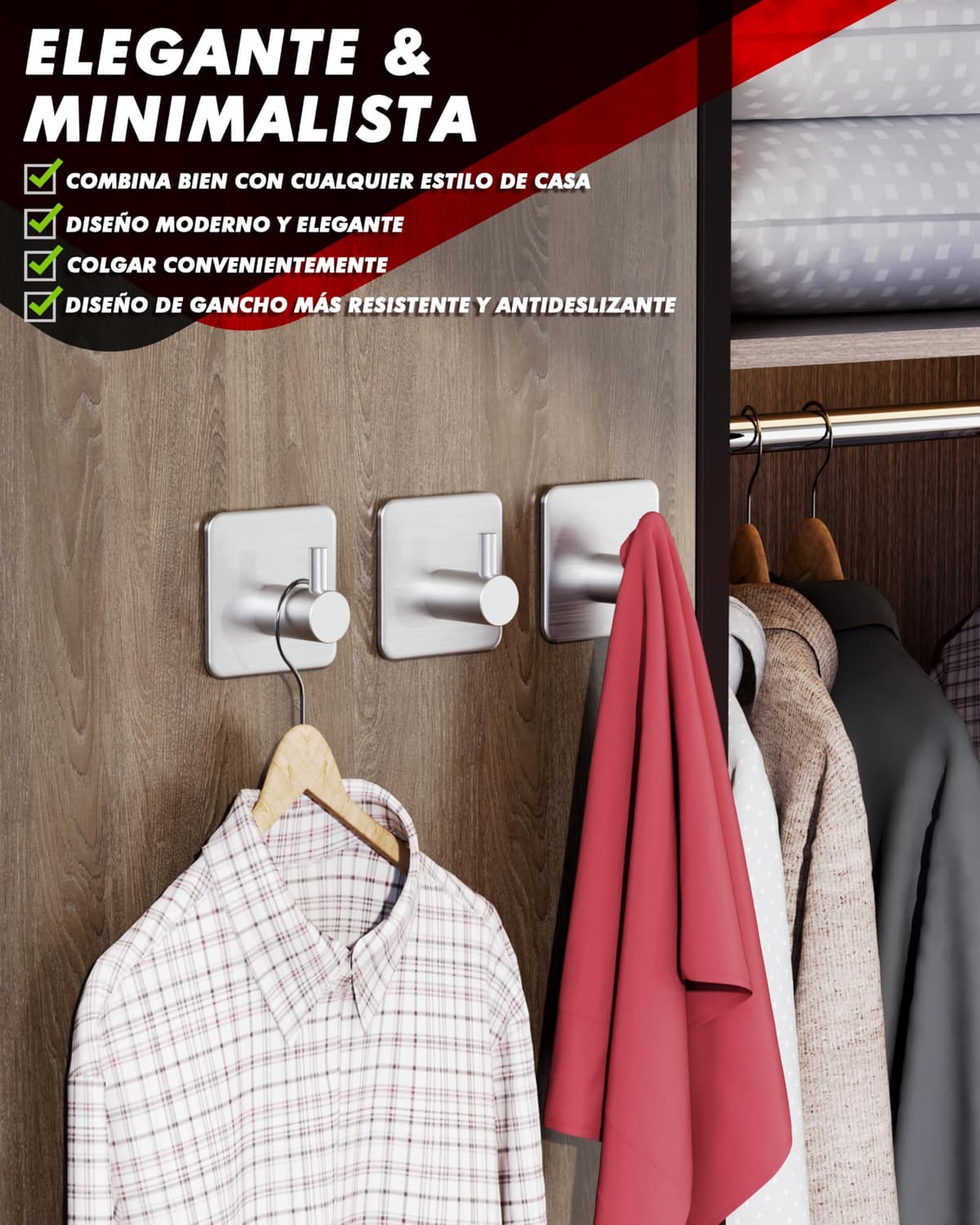 Auxmir Ganchos Adhesivos para Pared, Acero Inoxidable Colgador Toallas sin Taladro, Toalleros Autoadhesivo Extrafuerte para Baño Cocina Albornoz Trapos, Gris, 6 Piezas — view 4