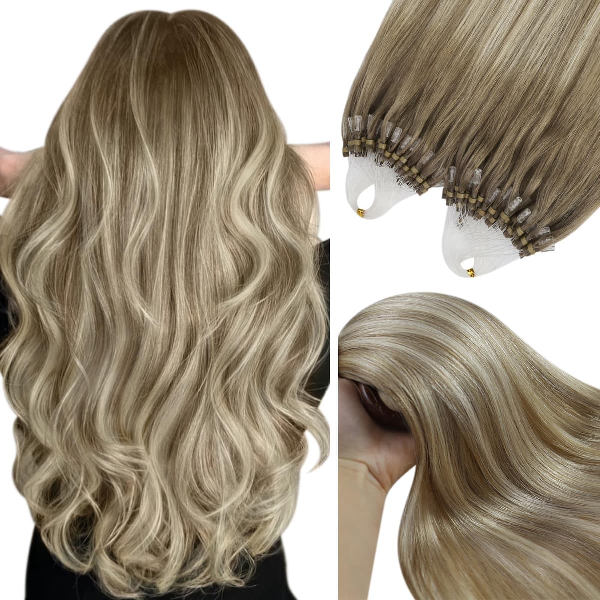 YoungSee Nano Hair Extensions Blonde 16inch Nano Beads Hair Extensions Warm Ash Blonde Highlight Bleach Blonde Nano Ring Hair Extension Highlight for School Soft Cold Fusion 50s 50g — view 41