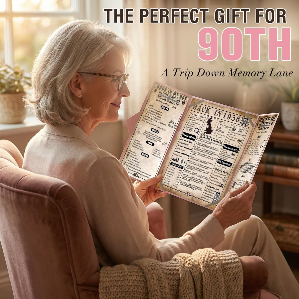 back in 1936 90th Birthday Gifts for Women - Large Trifold 90th Birthday Card & Table Centrepiece - Pink 90 Year birthday Decorations for Mum Grandma Nan - 1936 Poster No Frame Needed — view 5