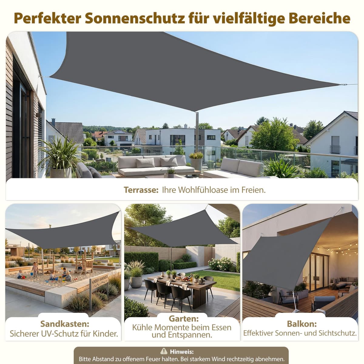 Sekey Toldo Vela de Sombra Impermeable 2x3m Rectangular Protección Rayos UV, Resistente al Desgarro, para Terraza Balcon Patio Exteriores Jardín, con Ojales y Cuerdas de Fijación, Antracita — view 5